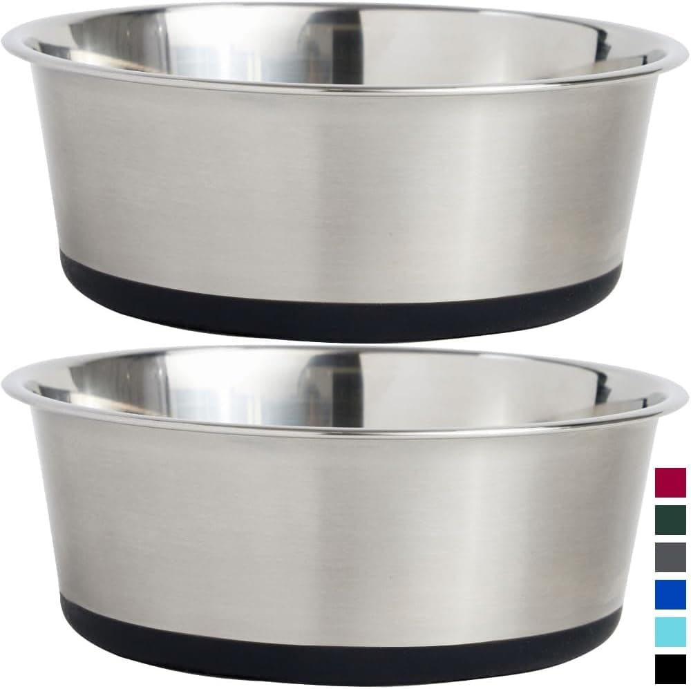 Gorilla Grip Stainless Steel Metal Dog Bowl Set of 2, Rubber Base, Heavy Duty, Rust Resistant, Food Grade BPA Free, Less Sliding, Quiet Pet Bowls for Cats…